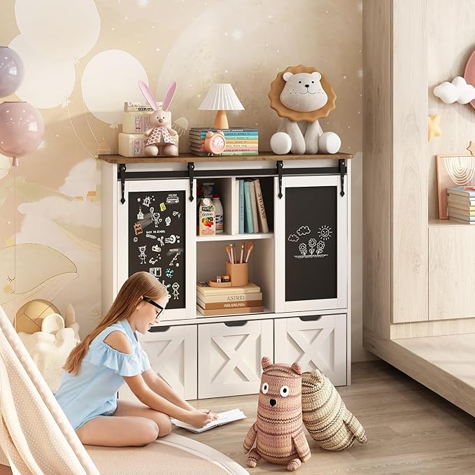 Vabches Toy Storage Organizer with Sliding Blackboard, Kids Bookshelf and Bookcase with 3 Movable Drawers & 5 Storage Cubbies, Multifunctional Storage Cabinet Toy Chest for Playroom,Nursery, Kids Room