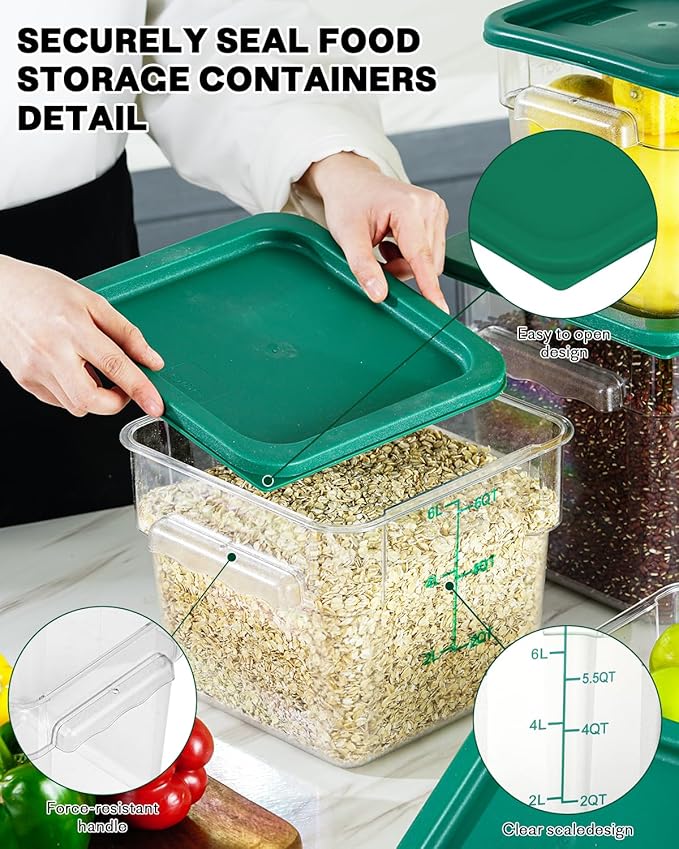 2QT NSF Food Storage Containers: 6 PCS [Food Grade][Hot&Cold Resistant] Commercial Clear Square Food Storage Containers with Scales Handles for Home Restaurant Kitchen Proof Dough(BPA FREE-GREEN)