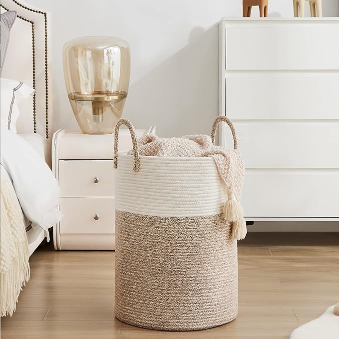 Woven Rope Laundry Hamper Basket, 58L Tall Laundry Basket, Baby Nursery Hamper for Blanket Storage in Bedroom-Large-Brown