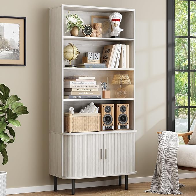 71" Tall Bookshelf, 4-Tier Bookcase with Storage Cabinet & Adjustable Shelves, Freestanding Wood Bookshelf with Sliding Door and Adjustable Footpad, for Home Office, Living Room, Natural White