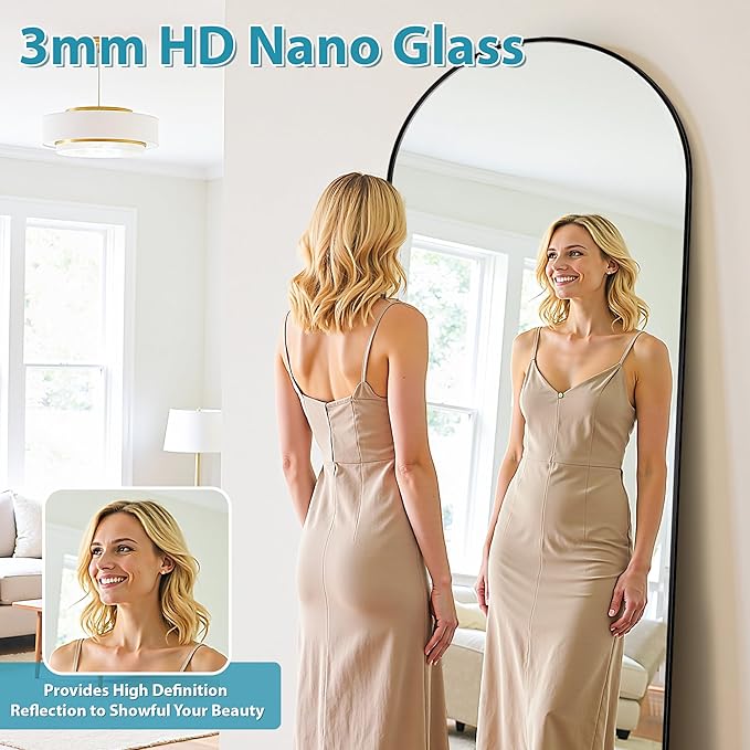 Full Length Mirror, 76"x44" Oversized Floor Mirror Freestanding, Full Body Mirror Floor Standing Mirrors with Stand, Hanging Mounted Mirrors for Bedroom Living Room, Black, Arched Style