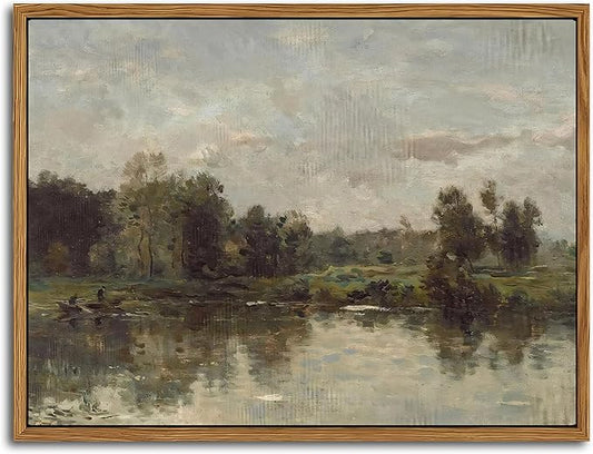 Floating Framed Canvas Wall Art - Tranquil River Landscape Pictures Prints, Countryside Vintage Scenery Paintings Wall Decor for Living Room Bedroom Office Home Decoration 12x16 inch