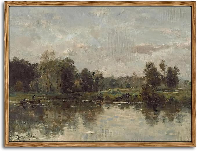 Floating Framed Canvas Wall Art - Tranquil River Landscape Pictures Prints, Countryside Vintage Scenery Paintings Wall Decor for Living Room Bedroom Office Home Decoration 8x10 inch