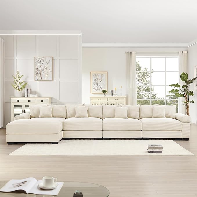 KEIKI 168" L-Shaped Oversized Corduroy Modular Cloud Sectional Sofa with 1 Ottoman, High-Density Foam Cushion, Extra-Thick Armrest, 4-Seater Fluffy Corner Couch with 12 Pillow, for Living Room, Beige