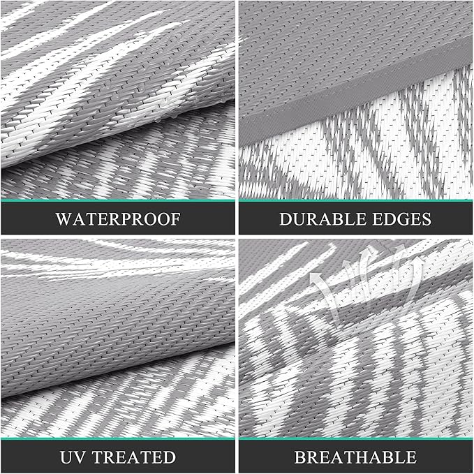 Pauwer Waterproof Outdoor Rug 9x12, Reversible Plastic Straw Patio Camping Rug, Indoor Outdoor RV Mat Carpet for Deck, Camper, Porch, Balcony, Backyard, Picnic, Leaf Grey