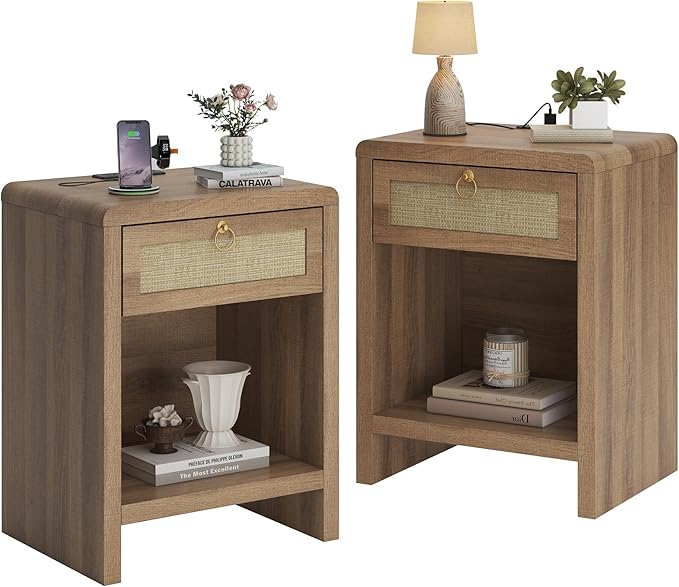Rattan Nightstand Set of 2, Nightstand with Charging Station, Boho Bedside Table End Table with Drawer and Storage Shelf, Wood End Table Night Stand for Bedroom, Small Space, Natural Oak