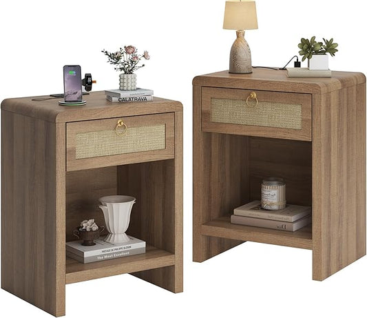 Rattan Nightstand Set of 2, Nightstand with Charging Station, Boho Bedside Table End Table with Drawer and Storage Shelf, Wood End Table Night Stand for Bedroom, Small Space, Natural Oak
