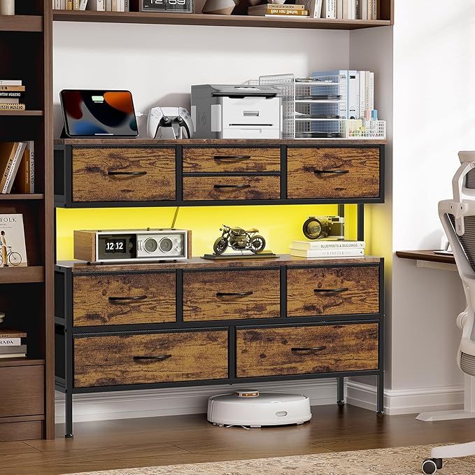 REAHOME Dresser TV Stand with Charging Station and LED Lights, 55” TV Stand Entertainment Center with 9 Drawers, Steel Frame, Large Storage Chest of Drawers for Bedroom, Living Room, Rustic Brown