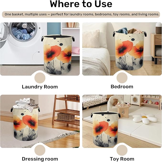 Orange Flowers Painting Laundry Basket - Heavy Duty 60L Dirty Clothes Organizer, Water Resistant Foldable Hamper for Men Women