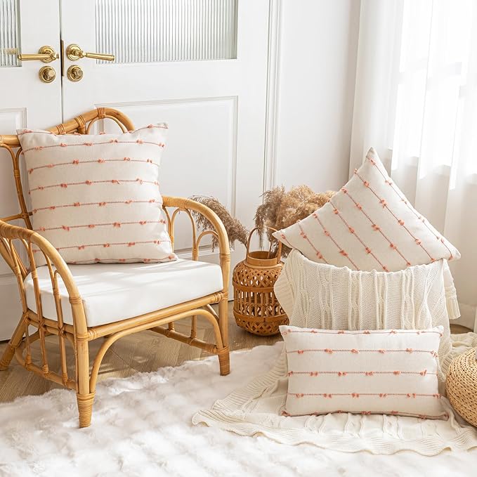 Boho Throw Pillow Covers 18x18 Set of 2 Modern Farmhouse Decorative Cushion Case Tufted Linen Square Pillows Cover Neutral Pillow Cases Accent Pillowcase for Sofa,Couch,Bed,Beige and Pink
