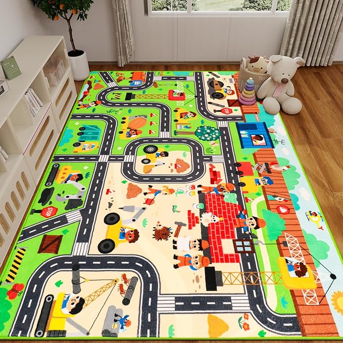 Kids Rug Play Mat for Toy Cars, 78.7"×59" Construction Site Road Traffic for Playroom Kids City Engineering Car Road Play Mat Non-Slip Washable Carpet Toddlers Boys Room Family Playtime