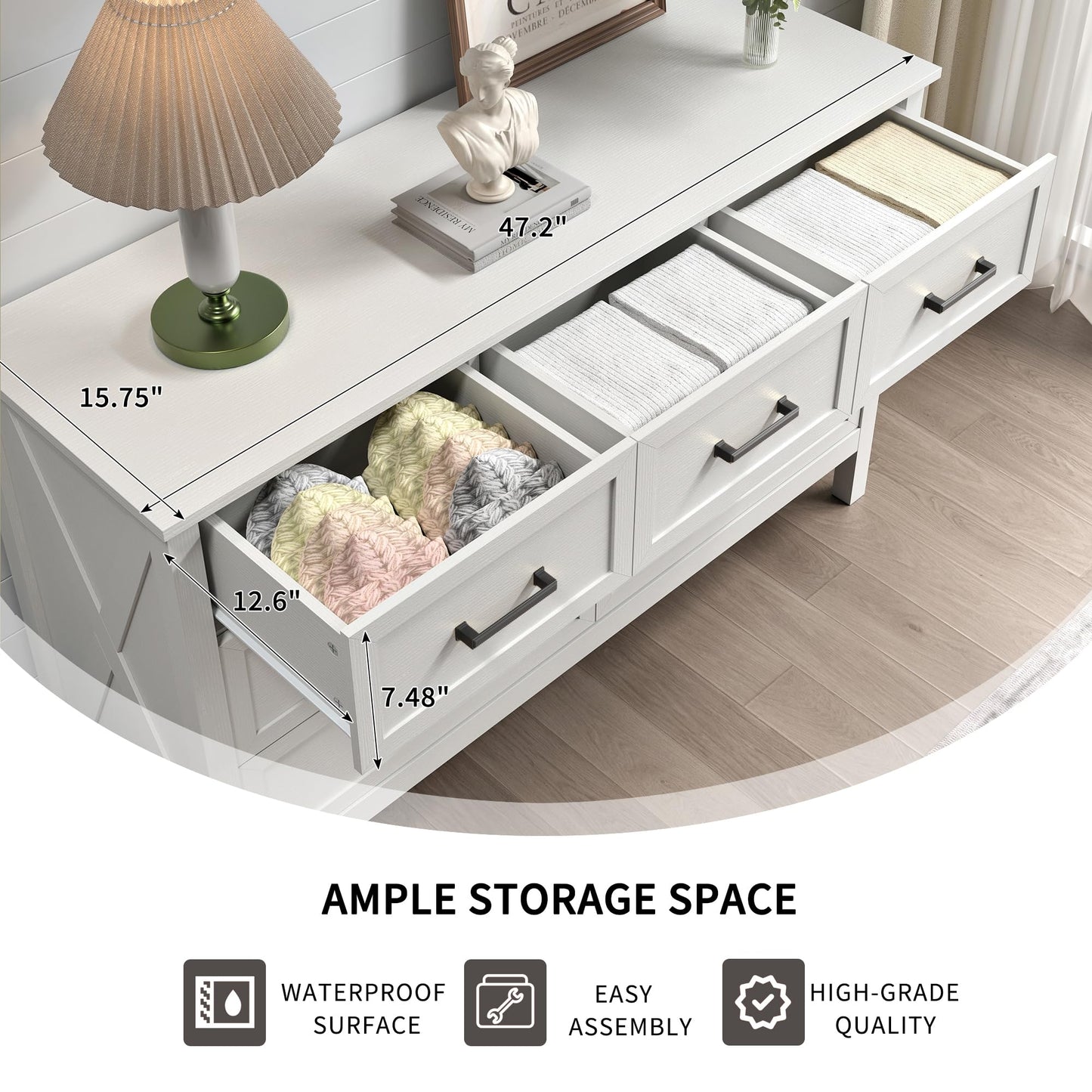 BAZELOR Farmhouse Dresser for Bedroom, 7 Drawers Dresser with Natural Texture, Wood Rustic Wide Chest for Bedroom, Hallway, Entryway, White