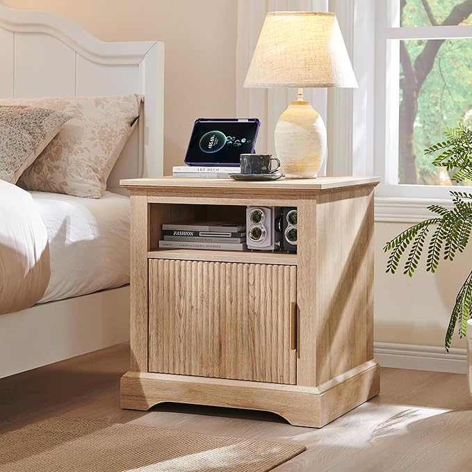 Fluted Nightstand with Charging Station, 22" Large Modern Side Table, Wood End Table w/Open Shelf & Spacious Tabletop, Bedside Table with Storage Space for Bedroom, Living Room (Natural)