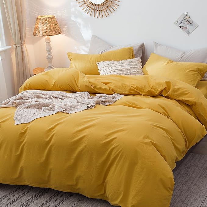 MooMee Bedding Duvet Cover Set 100% Washed Cotton Linen Like Textured Breathable Durable Soft Comfy (Solid Yellow, Twin 68"x90")