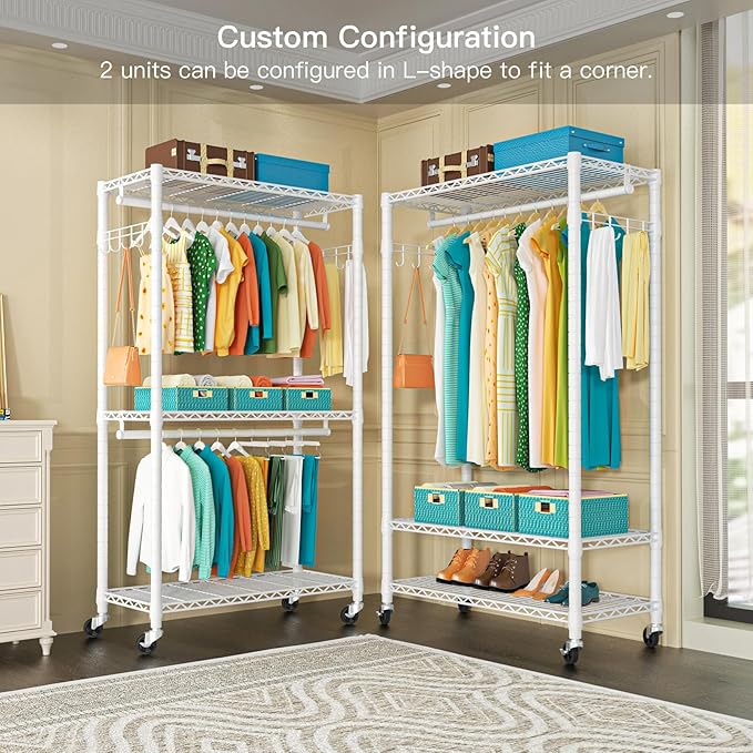 FUTASSI P1 Heavy Duty Garment Rack, 3 Tiers Adjustable Rolling Metal Closet Organizer with Lockable Wheels, FreeStanding Wardrobe with Double Hanger Rods & 1 Pair Hooks, Max Load 450 LBS, White