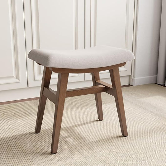 Solid Wood Small Vanity Stool, Compact Makeup Chair with Saddle Cushion, Linen-Covered High Rebound Sponge Seat, Easy Assembly Footstool, Modern Ottoman for Bedroom, Entryway, Home, Walnut