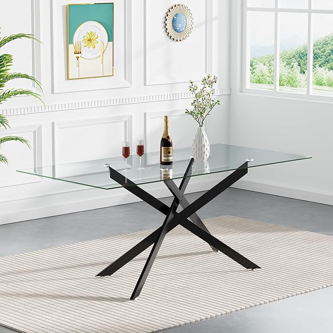 60.6'' Tempered Glass Dining Table for 4-6 People, Rectangle Kitchen Table with Black X-Base Metal Legs, Adjustable Feet, Glass Top Desk for Home Office Glass Dining Room Table for 6