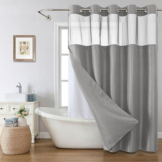 Long No Hook Shower Curtain with Snap-in Fabric Liner Set,Grey Waffle Weave Shower Curtains for Bathroom,Hotel Luxury Decor Bathroom Curtain Set,Waterproof & Washable,71Wx80H