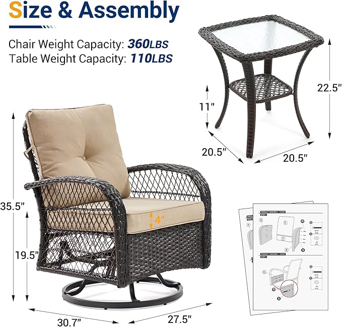 UDPATIO 3 Pieces Patio Furniture Set, Outdoor Swivel Rocker Patio Chairs Set of 2, All-Weather PE Wicker Glider Chairs with Thick Cushions and Glass Coffee Table，for Porch Deck Backyard Khaki