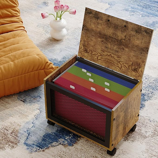 Rolling File Cabinet with Lid, Hanging File Organizer Box with Wheels for Home Office, Under Desk Small Filing Cabinet, Single Drawer Mobile Document Storage Basket for Letter and Legal Size