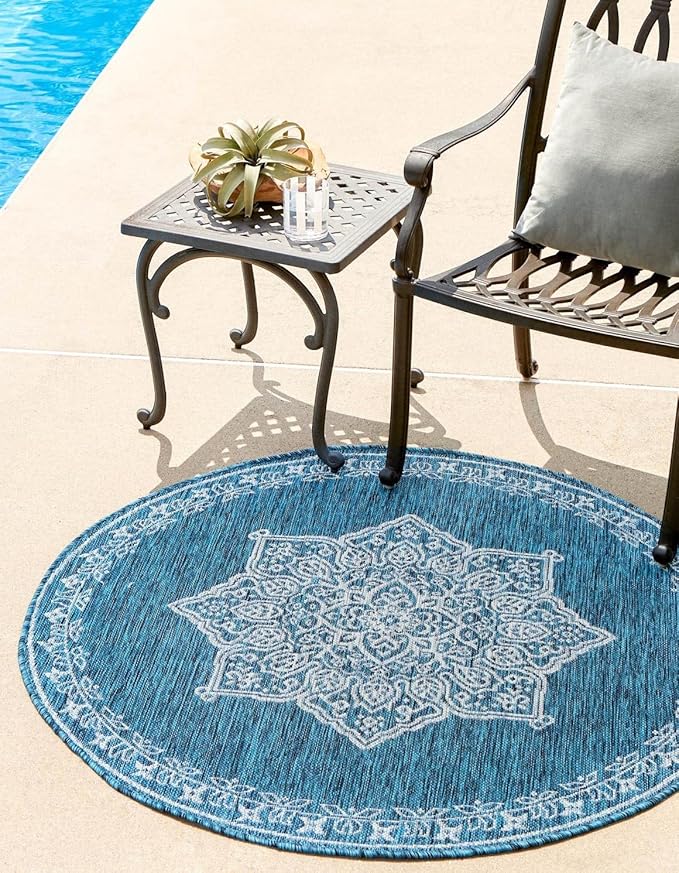 Unique Loom Outdoor Traditional Collection Area Rug - Antique (10' Round Teal/Ivory)
