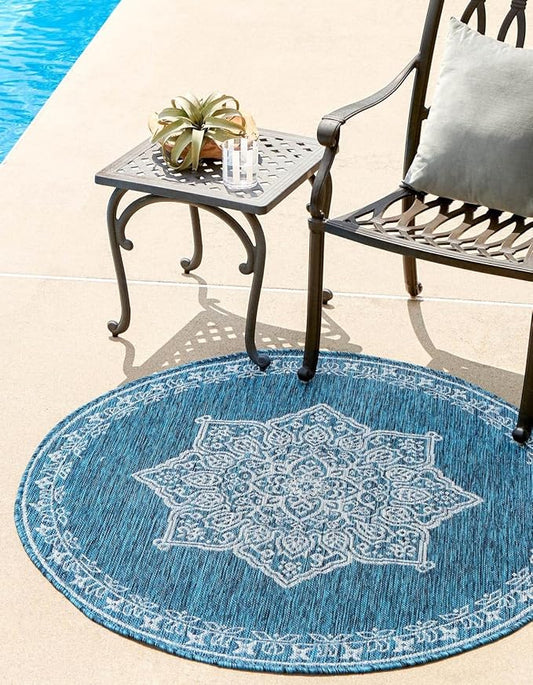 Unique Loom Outdoor Traditional Collection Area Rug - Antique (10' Round Teal/Ivory)