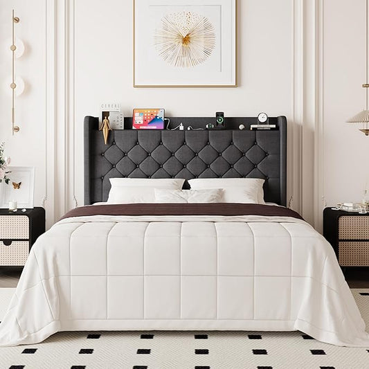 Allewie Full Size Bed Frame, Storage Headboard with Charging Station, Wingback Linen Upholstered, Diamond Stitched Button Tufted, Sturdy Wooden Slats, No Box Spring Needed, Easy Assembly, Dark Grey