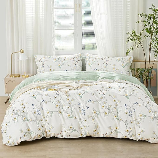 SAPHREAS Twin Size Duvet Cover Set 2pcs White Fresh Floral Pattern Bedding Comforter Cover Set 100% Cotton 1 Duvet Cover 68"x90" 1 Pillow Sham, Comforter Not Included