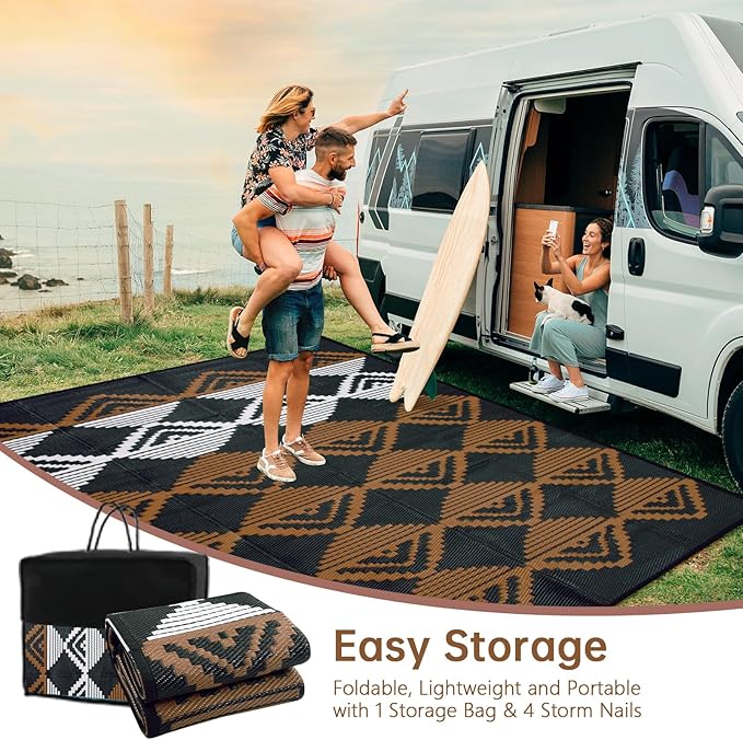 Beeiva Waterproof Outdoor Rug 9x12, Reversible Plastic Straw Outdoor Camping Rugs, Modern Geometric Foldable Patio Mat for Porch, Deck, Backyard, Balcony, Picnic - Black & Brown
