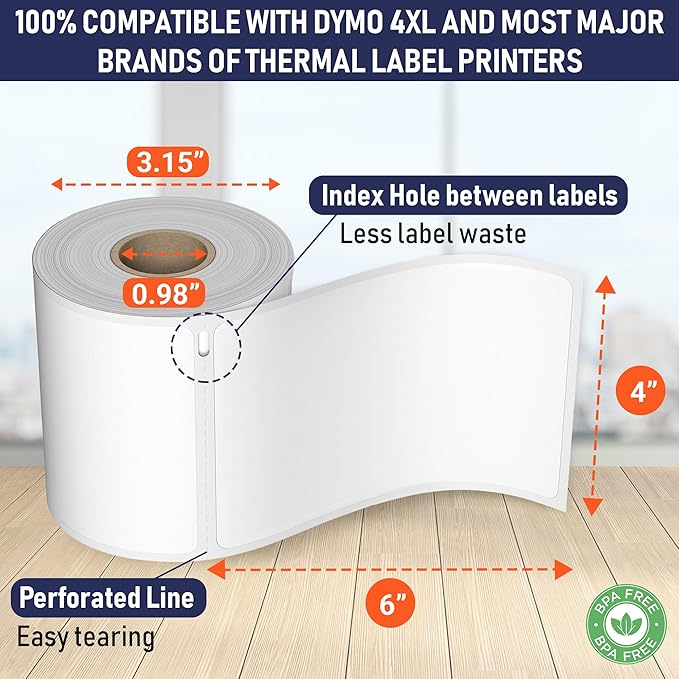 Dasher Products Thermal Shipping Labels Compatible with Dymo LabelWriter 4XL 1744907 4x6 Internet Postage Labels, Water Resistant, Strong Adhesive, Perforated, 220 per Roll, NOT for 5XL (4 Pack)