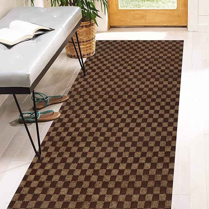 4' x 45' Runner Rugs with Rubber Backing, Indoor Outdoor Utility Carpet Runner Rugs, Checkered Brown, Can Be Used as Aisle for The RV and Boat, Laundry Room and Balcony