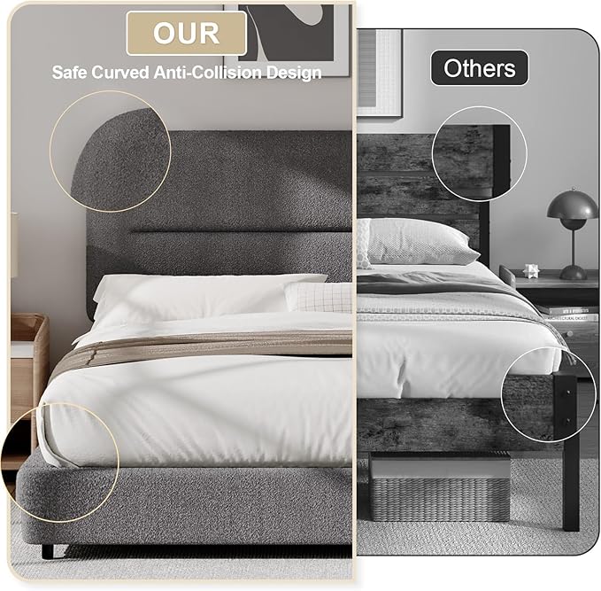 HOMBCK Full Size Boucle Bed Frame, Soft Upholstered Bed Frame with Headboard, Thickened Footboard, Rounded Corners, No Box Spring Needed, Easy Assembly, Grey