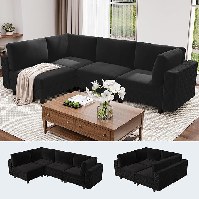 134" Modular Sectional Sofa, 4-Seat Cloud Couch with High-Density Cushions, L-Shaped Velvet Upholstered Sofa for Living Room and Apartment, Black