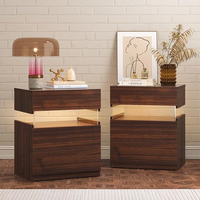 Bingoday Night Stand Set 2 Nightstands Set of 2 LED Bedside Tables with 3 Wood Drawers LED Modern Night Stand with Acrylic Board for Bedroom Living Room