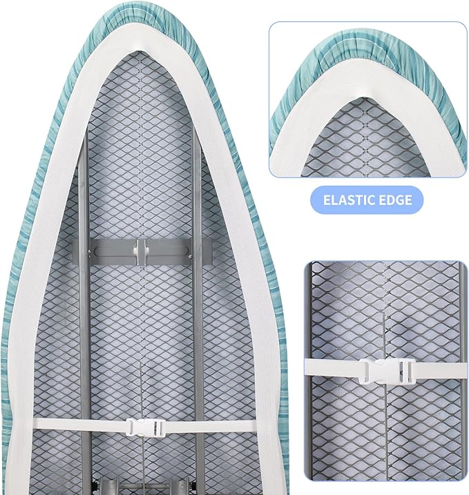 BNDX Ironing Board Cover, 15" x 54" Standard Size Thick Padding with 2" Elastic, Stain Resistant & Durable Scorch, 2 Click Buckles for Smooth Iron and Easy Installation Green Stripes