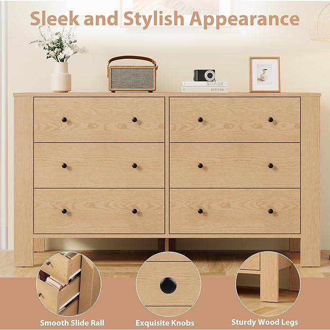 GarveeHome Natural Oak 6 Drawer Dresser for Bedroom, Modern Wide Dresser Organizer with Storage Drawers, Wooden Chests of Drawers for Bedroom, Entryway, Hallway, Home Office