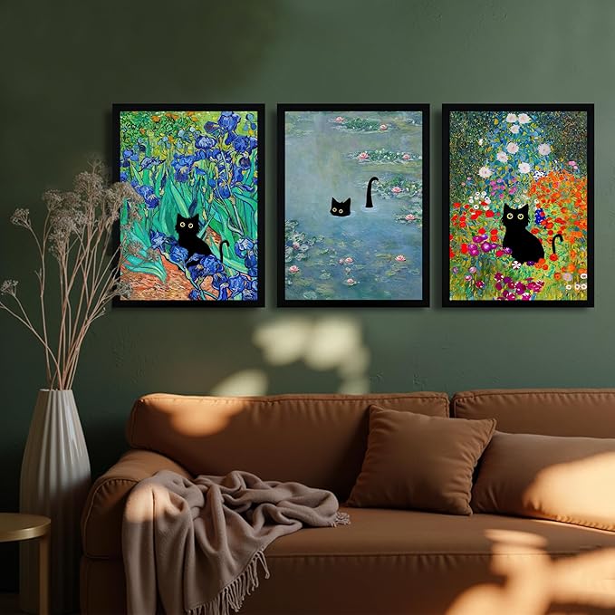 Krtoni 3Pcs Framed Black Cat Wall Art, Vintage Funny Black Cat in Water Lilies Poster Prints Paintings, Garden Flowers Cat Aesthetic Wall Decor, for Bathroom Living Room Bedroom 16" W x 24" H