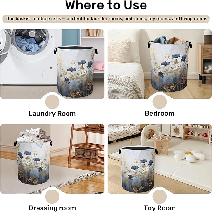 Blue Luxury Flowers Laundry Basket with Handles - Extra Large Foldable Hamper for Bathroom/Laundry/Bedroom/Dorm, Washable Fabric Storage Bin