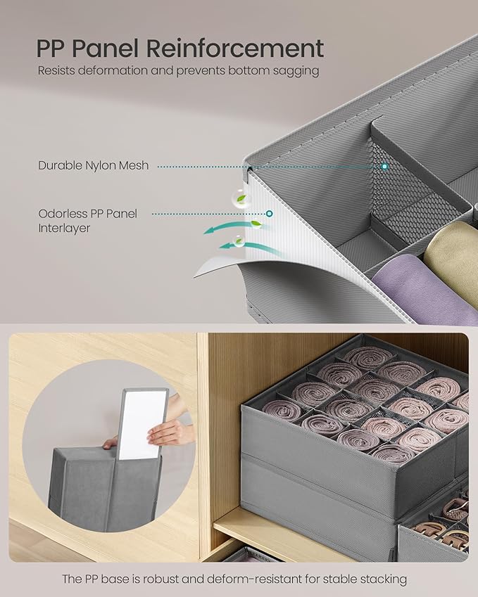 SONGMICS Set of 4 Underwear Organizers, Drawer Organizers, Dresser Closet Storage, 80 Cells (2x16+2x24), Foldable Dividers, 11.8 x 11.8 x 3.9 Inches, for Socks, Ties, Belts, Dove Gray URUS011G01