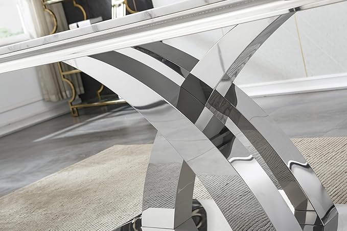 Goujxcy 7-Piece Dining Table Set Modern Faux Marble Dining Table Set for 6, Luxury 68" Long Faux Marble Kitchen Table with 6 Velvet Upholstered Chairs & Mirrored Stainless Steel Base