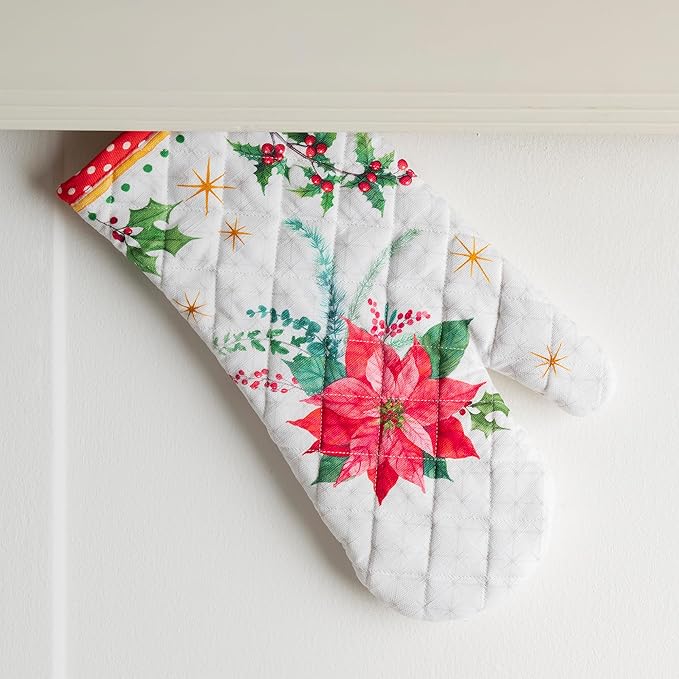 Maison d' Hermine 100% Cotton Oven Mitt & Pot Holder Set (7.5"x13" & 8"x8") Heat Resistant BBQ Cooking Gloves with Loop for Thanksgiving Christmas Decorations Handling Hot Pans (Poinsettia Christmas)