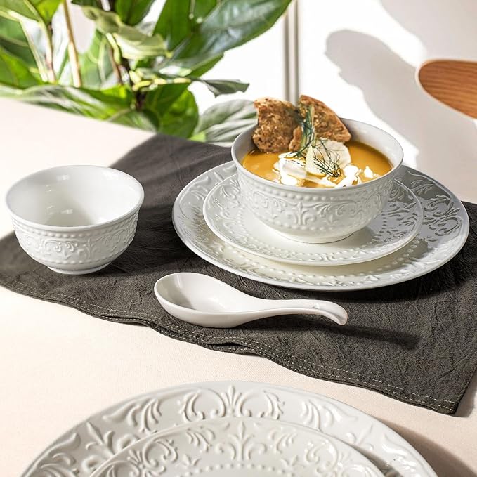 Cereal Bowls Set of 4 - Ceramic Soup Bowls for Kitchen 30 Oz Embossment White Breakfast Bowls for Rice, Pasta, Fruits, Salad, Ramen, 6.25 Inch, Dishwasher & Microwave Safe (Multiple Patterns)