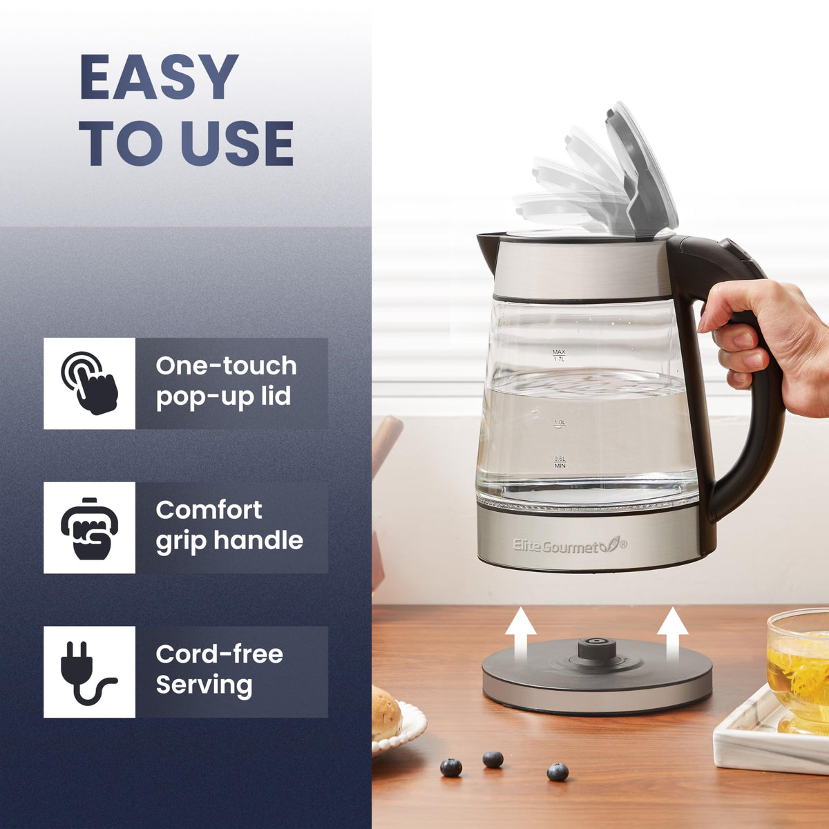 Elite Gourmet 1.7L BPA-Free Glass Electric Kettle, 1500W, Blue LED