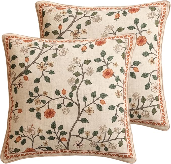Design Linen Classic Throw Pillow Covers 18"x18" Pack of 2, French Farmhouse Square Cushion Covers with Orange White Floral Pattern Decoration Pillowcases for Bed,Living Room,Outdoor,Car