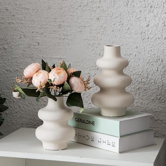 Ceramic Vase Set of 2, Off White Boho Vase for Modern Home Decor, Round Vases for Dried Flower, Pampas Grass, Pottery Vases for Office Centerpieces Wedding Dinner Table