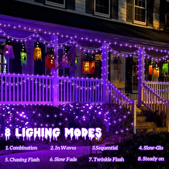 QITONG 165ft 500 LED Purple Halloween Lights Outdoor, Clear Wire String Lights Plug-in, 8 Modes Christmas Lights Indoor