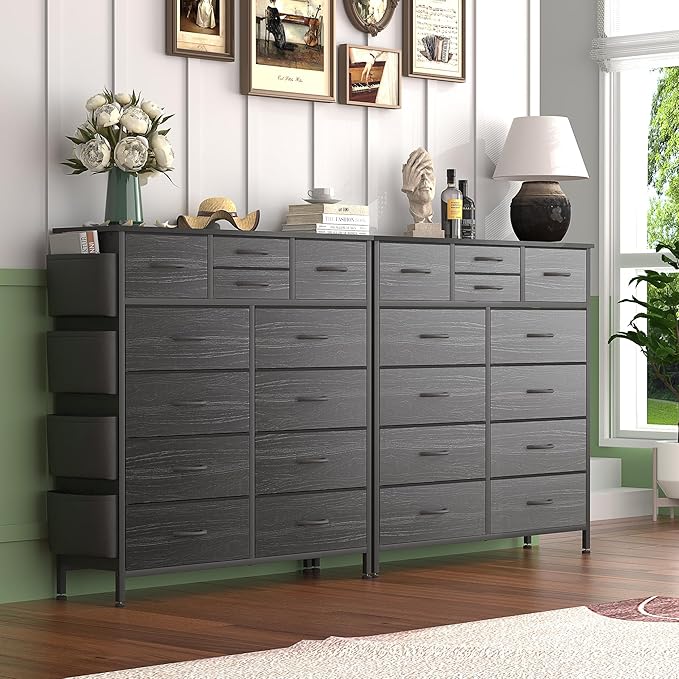 Lulive Black Dresser for Bedroom with 12 Drawers, Tall Dressers Chest of Drawers with Side Pockets and Hooks, Fabric Dresser Storage Tower for Closet, Hallway, Living Room (Black White Stripes)