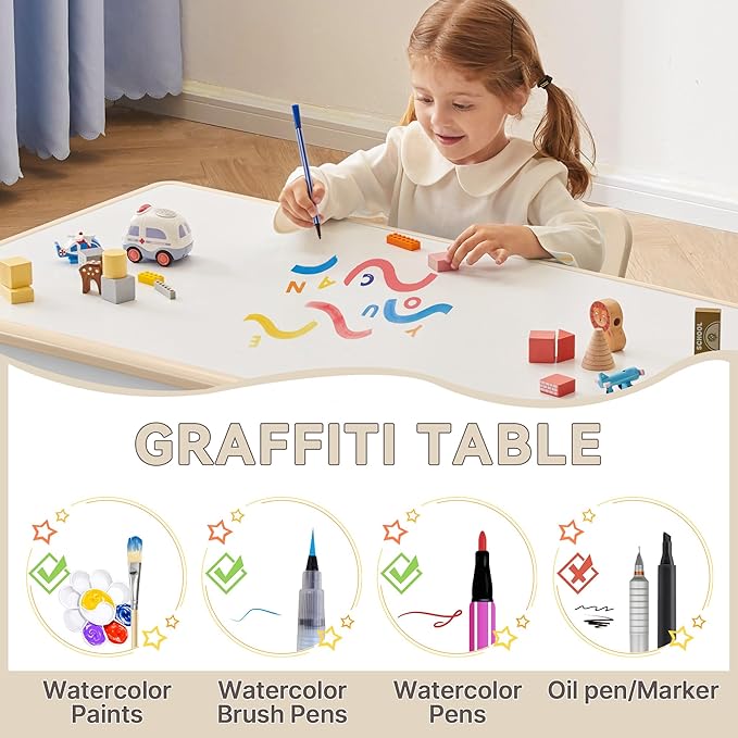 Kids Study Table and Chairs Set, Height Adjustable Toddler Table and Chair Set for Kids Ages 3-8, 31.5" L x 23.6" W Graffiti Desktop Plastic Children Art Table with 4 Seats