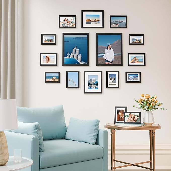 Vittanly 16 Pack Picture Frames, Gallery Wall Frame Set with 2Pcs 11x14, 2Pcs 8x10, 6Pcs 5x7 and 6Pcs 4x6 Photo Frames, Picture Frames Collage Wall Decor for Wall or Tabletop Display, Black