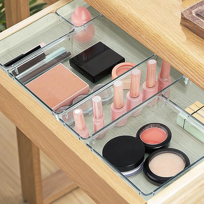 25 PCS Drawer Organizer Set, 4 Varied Size Bathroom and kitchen Drawer cabinet organizer Trays, Clear Storage Bins for Makeup, Jewelry, Utensils and Gadgets